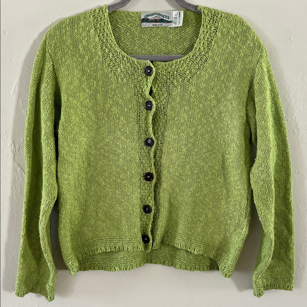 Aran Crafts Green Button-Front Knit Cardigan Linen and Cotton